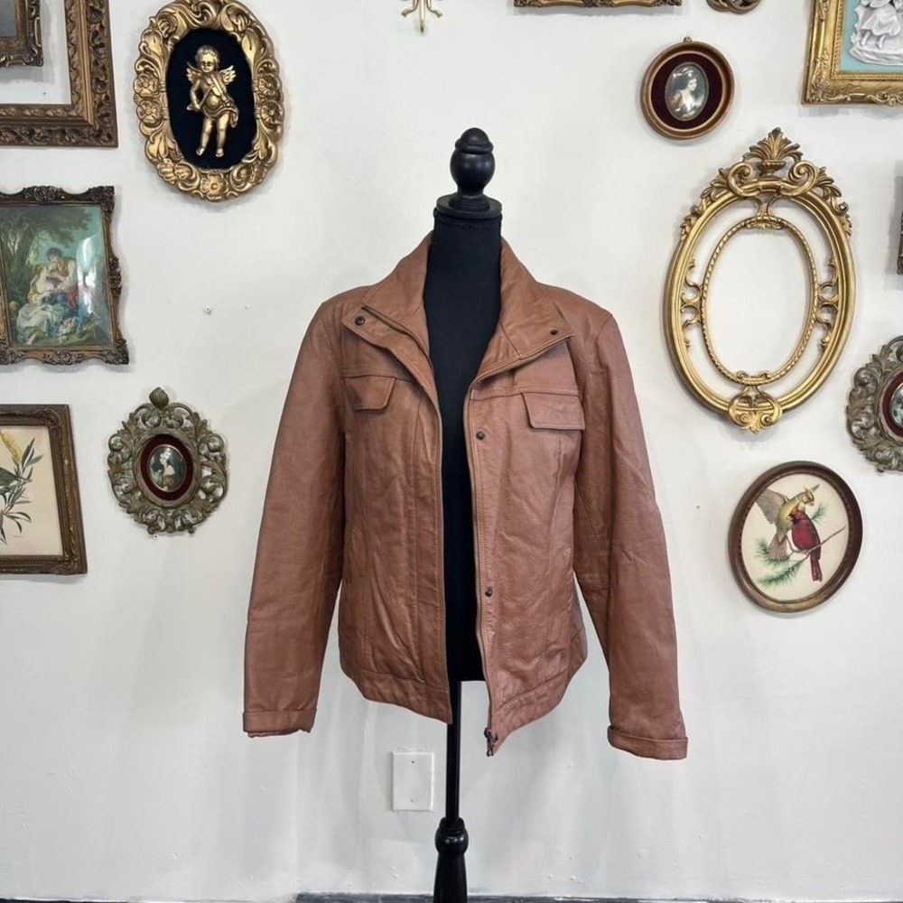 Metro Style Genuine Leather Moto Jacket Brown/Cognac Size L